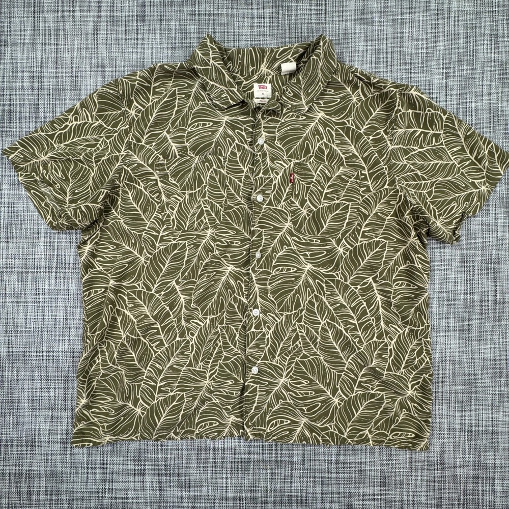 Levis Mens Shirt XL Olive Green Tropical Leaf Rayon Relaxed Fit Short Sleeve